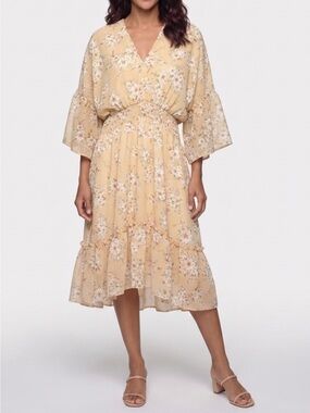 Jollycode Smocked Waist Floral kimono Midi Dress in Soft Yellow